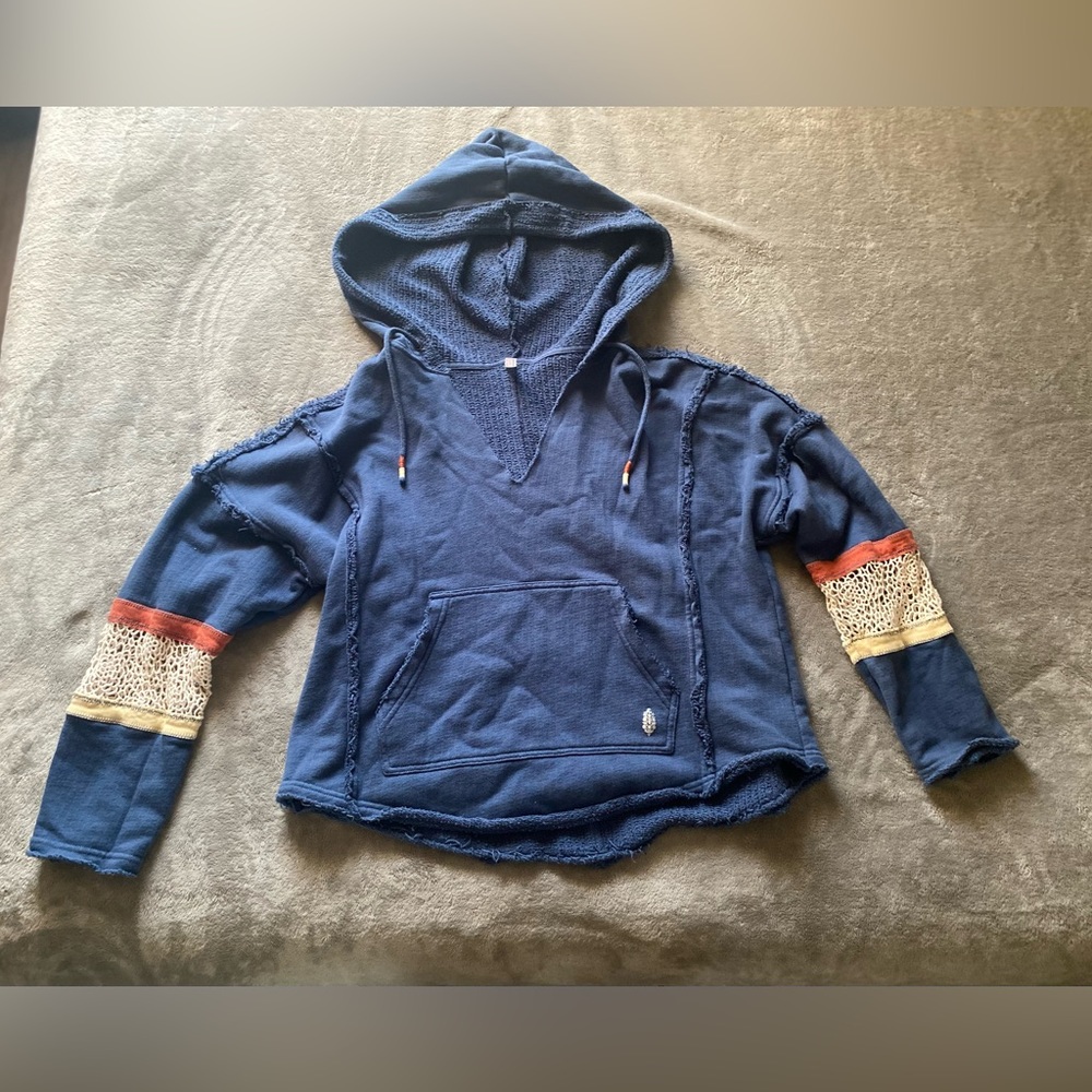 Free People, Extra Small, Blue, Crochet Sleeves, Cut out, Hoodie